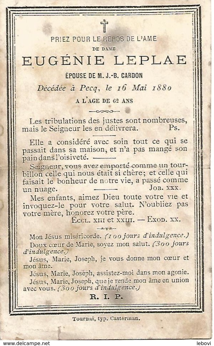 Souvenir Mortuaire LEPLAE Eugénie (1818-1880) ép. CARDON, J-B. Morte à PECQ - Images Religieuses