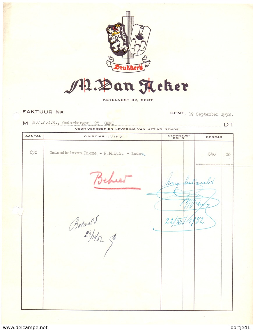 Factuur Facture - Drukkerij M. Van Acker - Gent 1952 - Drukkerij & Papieren
