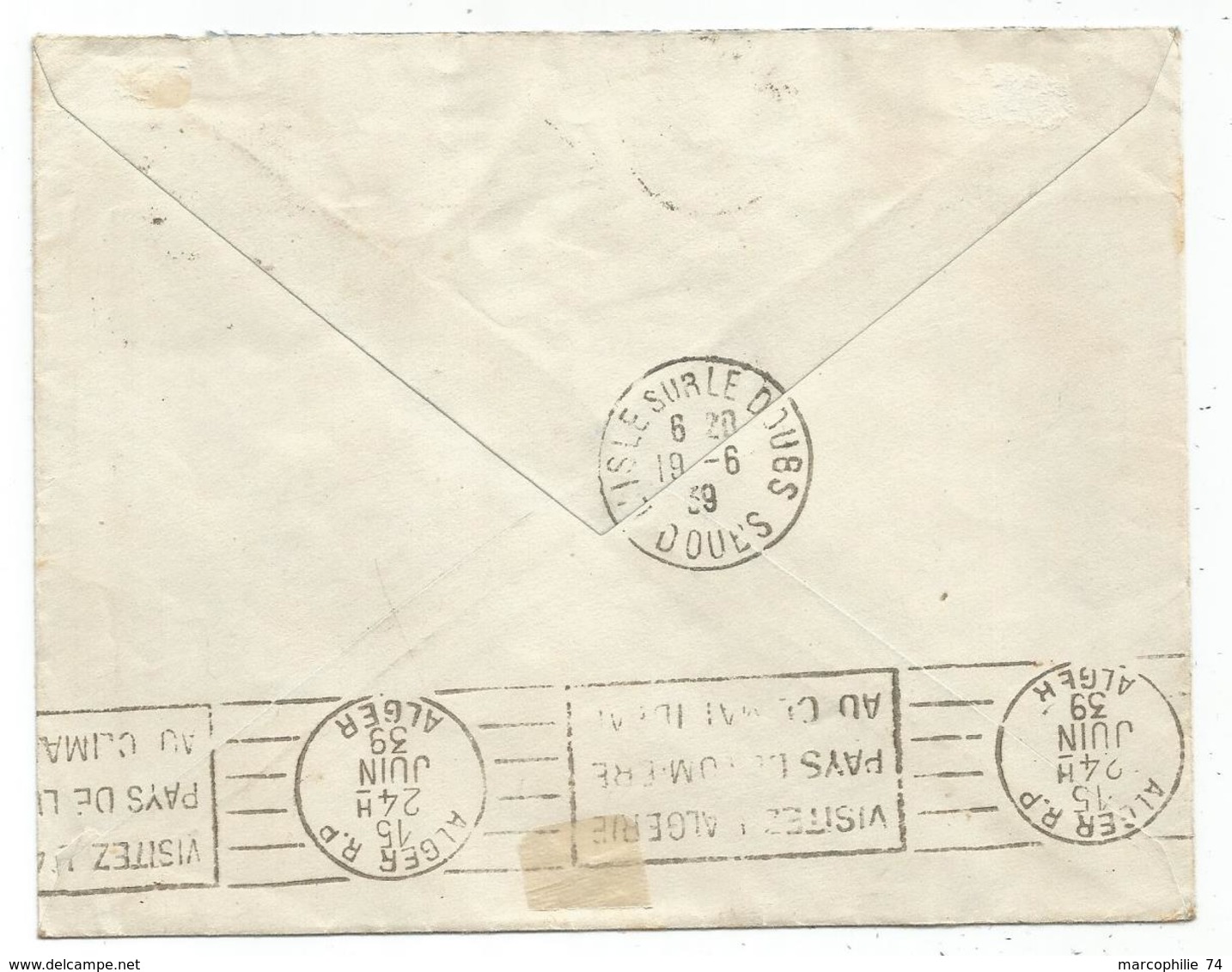 ALGERIE 25CX2+50C LETTRE C. PERLE FONTAINE DU GENIE 15.6.1939 ALGER POURLE DOUBS - Briefe U. Dokumente