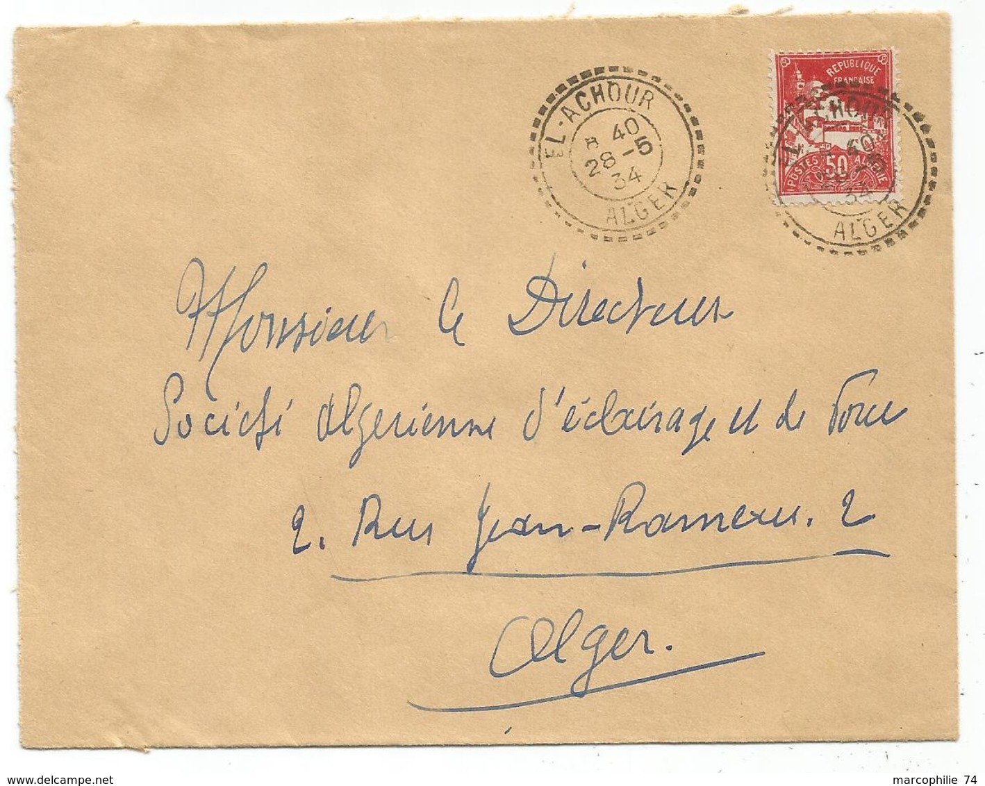 ALGERIE 50C FACTEUR BOITIER EL ACHOUR 28.5.1934 ALGER LETTRE - Briefe U. Dokumente