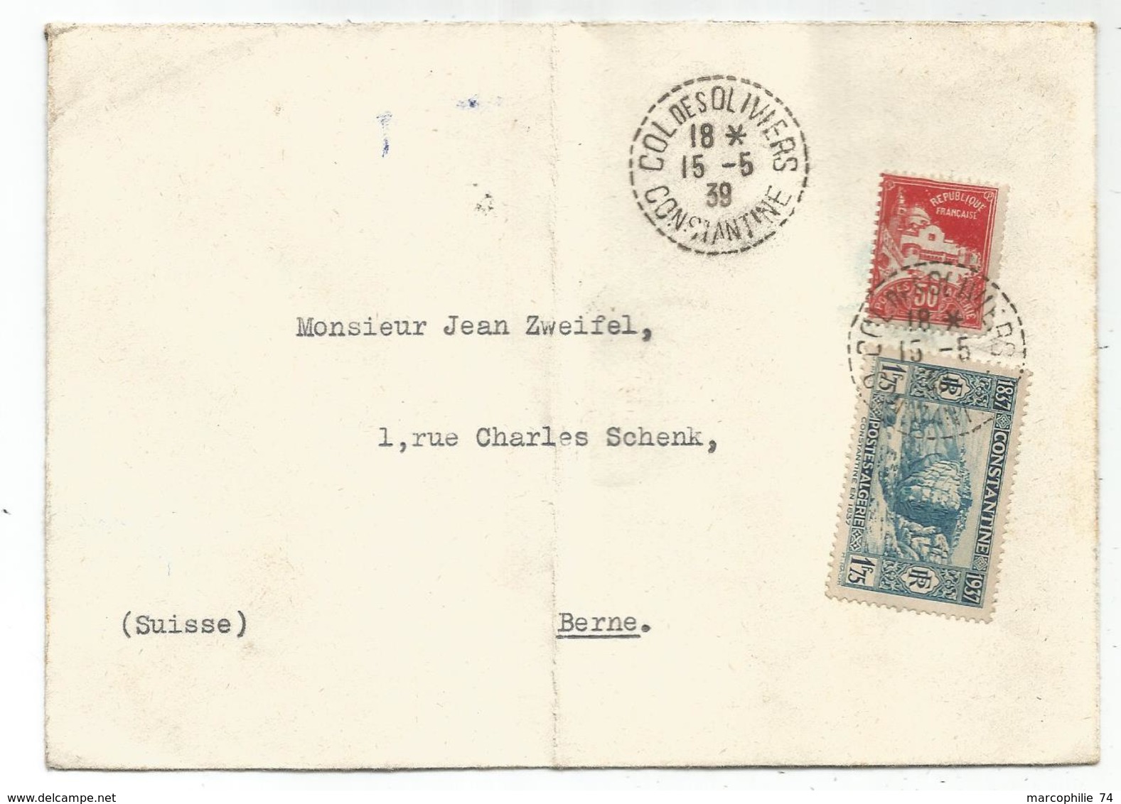 ALGERIE 50C+1FR75 LETTRE C. PERLE COL DES OLIVIERS 15.5.1939 CONSTANTINE POUR SUISSE - Briefe U. Dokumente