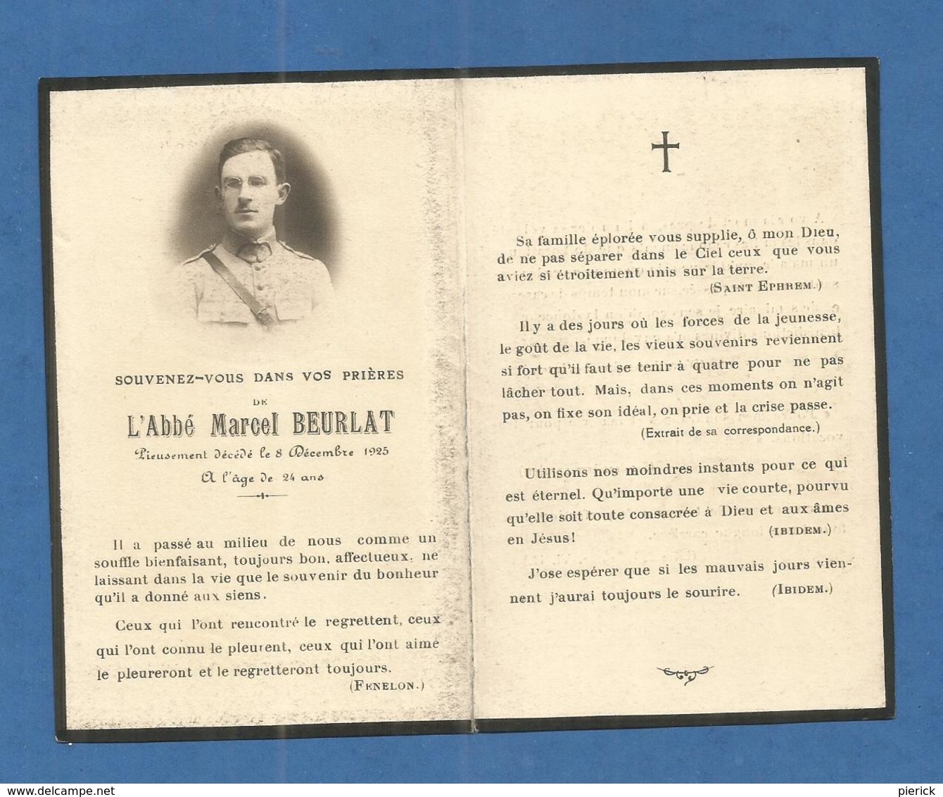 FAIRE PART DECES POILU WWI  SOLDAT ABBE BEURLAT RELIGIEUX UNIFORME SOUS LES DRAPEAUX - Documents