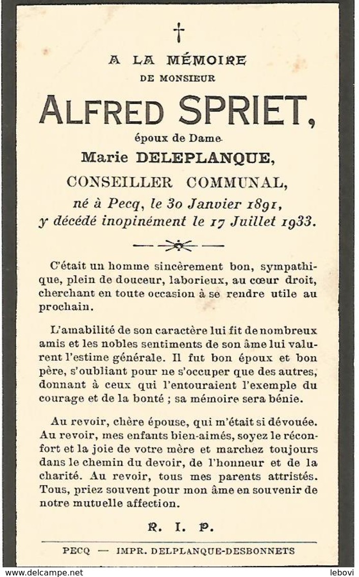 Souvenir Mortuaire SPRIET Alfred (1891-1933) Né Et Mort à PECQ – Conseiller Communal - Devotion Images