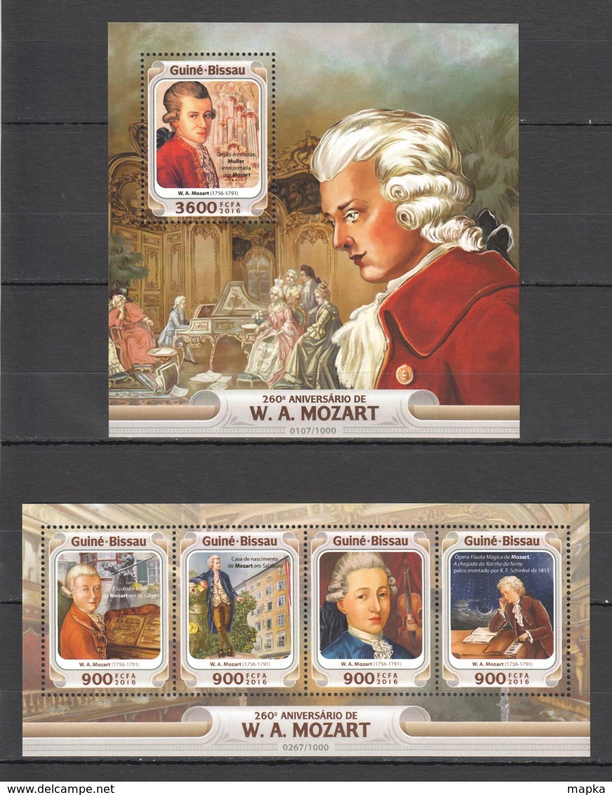 ST891 2016 GUINE GUINEA-BISSAU FAMOUS PEOPLE WOLFGANG AMADEUS MOZART 1KB+1BL MNH - Music