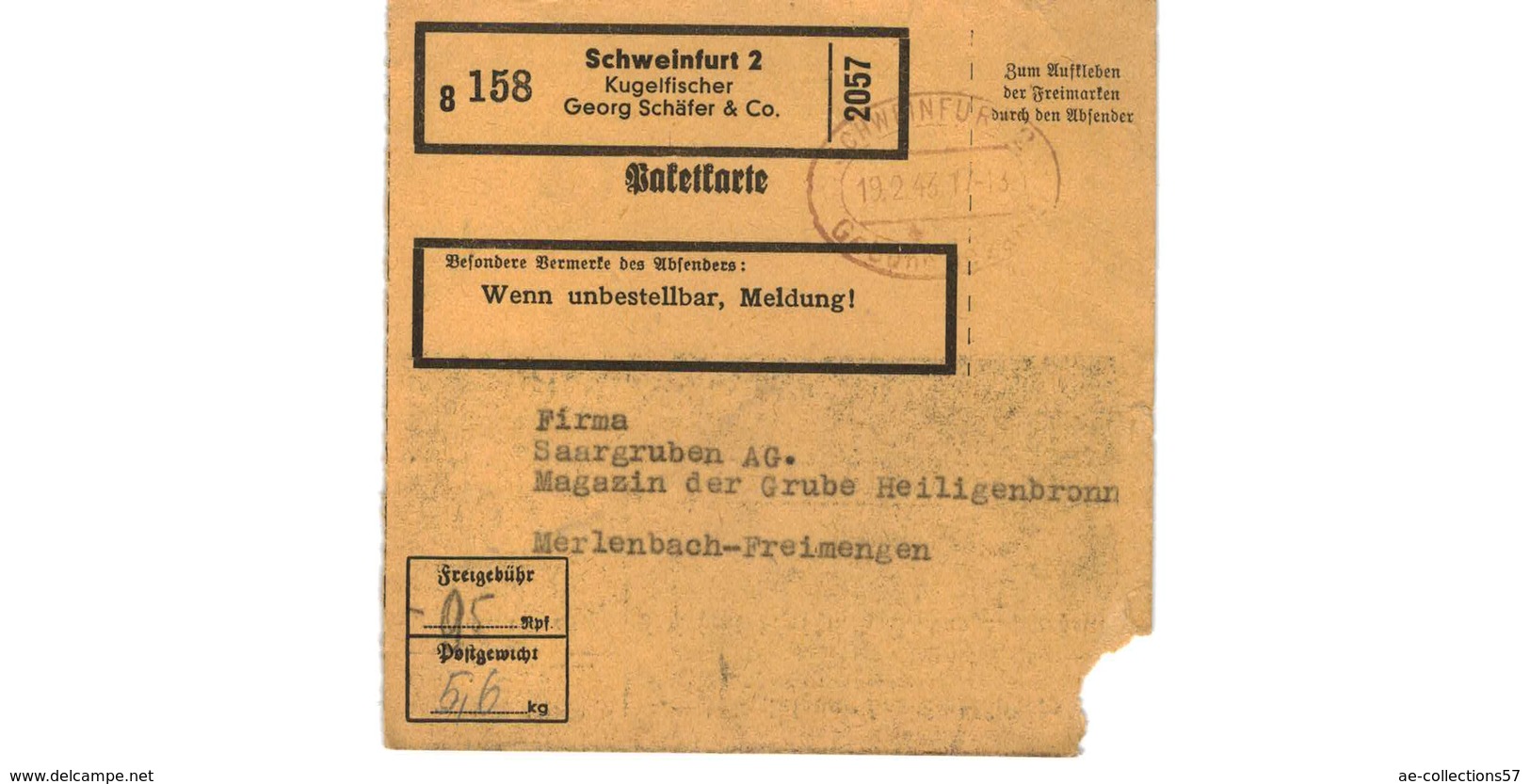 ALLEMAGNE  /  COLIS-POSTAL  /  De Schweinfurt   / 19-2-43 - Covers & Documents