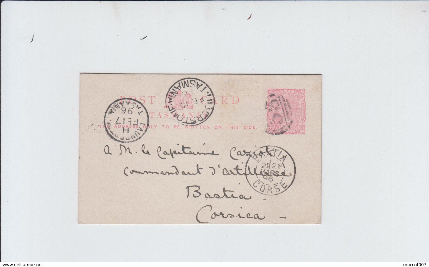 TASMANIE - ENTIER POSTAL VERS BASTIA - CORSE - 1896 - Covers & Documents