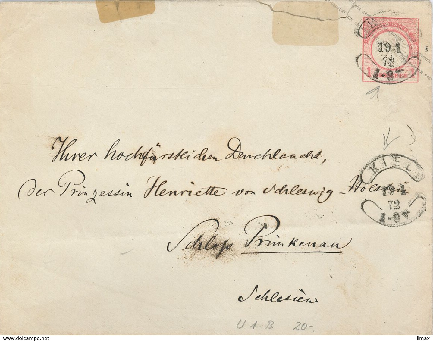 Kiel Wurst-Stempel "Ihrer Hochfürstlichen Durchlaucht Prinzessin Henriette Von Schleswig-Holstein" Primkenau 19.1.1872 - Enveloppes