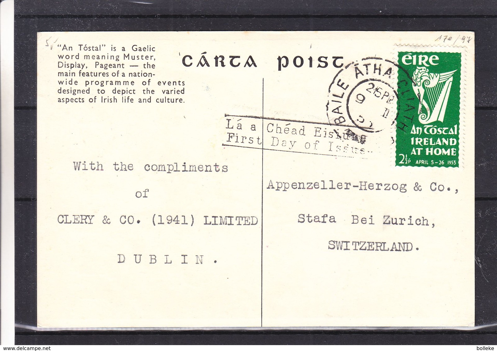 Irlande - Carte PostaleFDC  De 1953 - Oblit Baile Atha Cliath - Exp Vers Stafa - Drapeaux - Musique - Sports - Brieven En Documenten