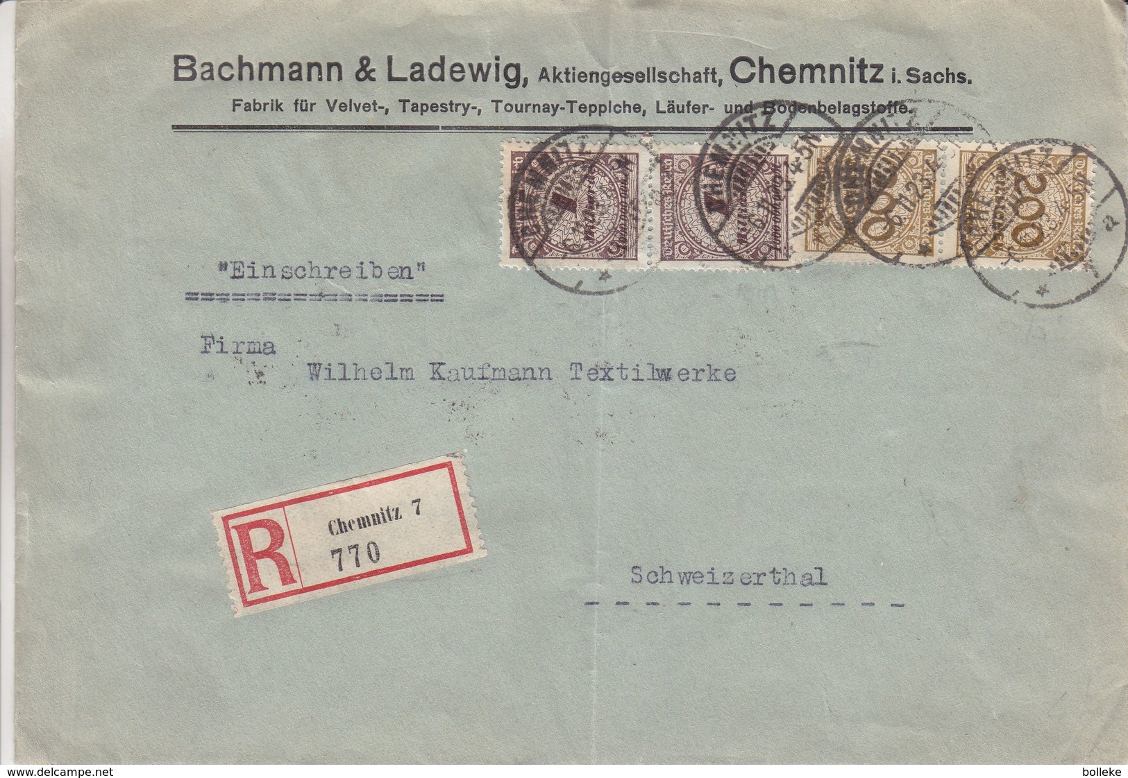 Allemagne - Empire - Lettre Recom De 1923 ° - Oblit Chemnitz - Exp Vers Schweizerthal - - Brieven En Documenten