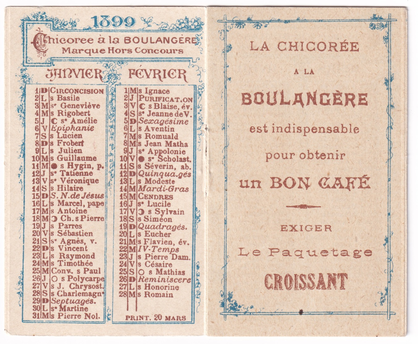 Rare Livret Calendrier 1899 Chicorée Boulangère Cardon-Duverger En Chromo Femme Ste Olle Lez Cambrai Art Nouveau A31-55 - Autres & Non Classés