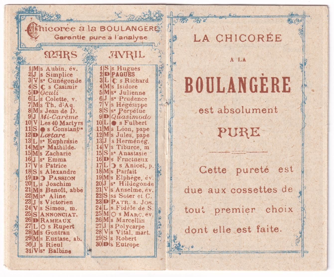 Rare Livret Calendrier 1899 Chicorée Boulangère Cardon-Duverger En Chromo Femme Ste Olle Lez Cambrai Art Nouveau A31-55 - Autres & Non Classés