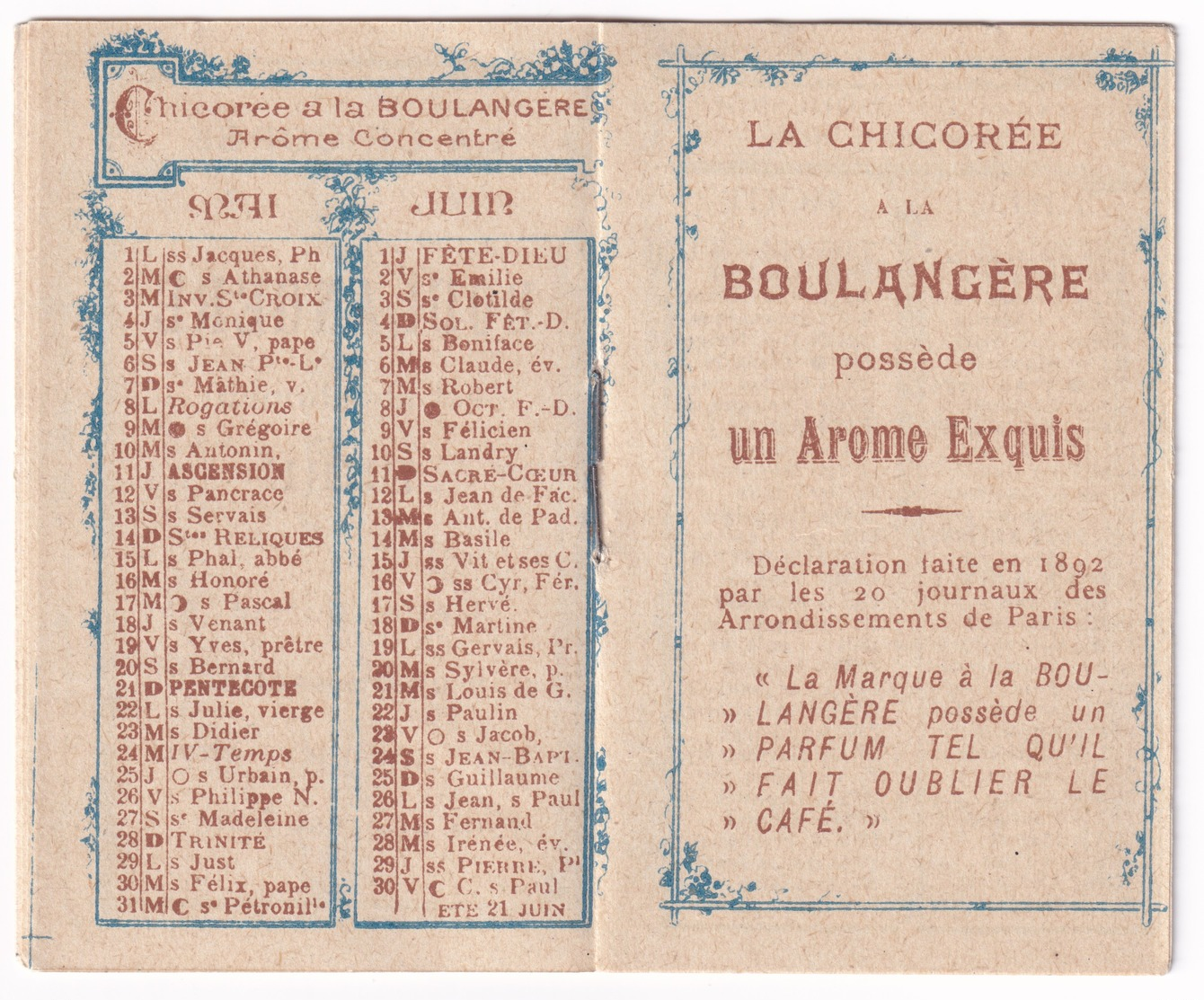 Rare Livret Calendrier 1899 Chicorée Boulangère Cardon-Duverger En Chromo Femme Ste Olle Lez Cambrai Art Nouveau A31-55 - Autres & Non Classés