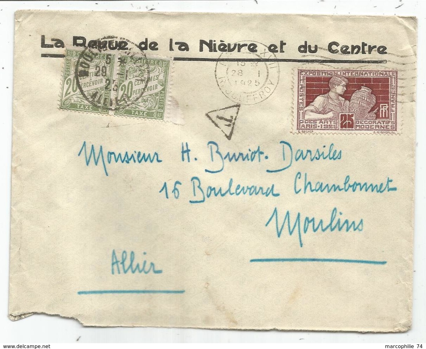 ARTS DECORATIFS 25C SEUL LETTRE Manque Un Rabat PARIS 28.1.1925 POUR MOULINS TAXE 20C PAIRE - 1921-1960: Modern Period