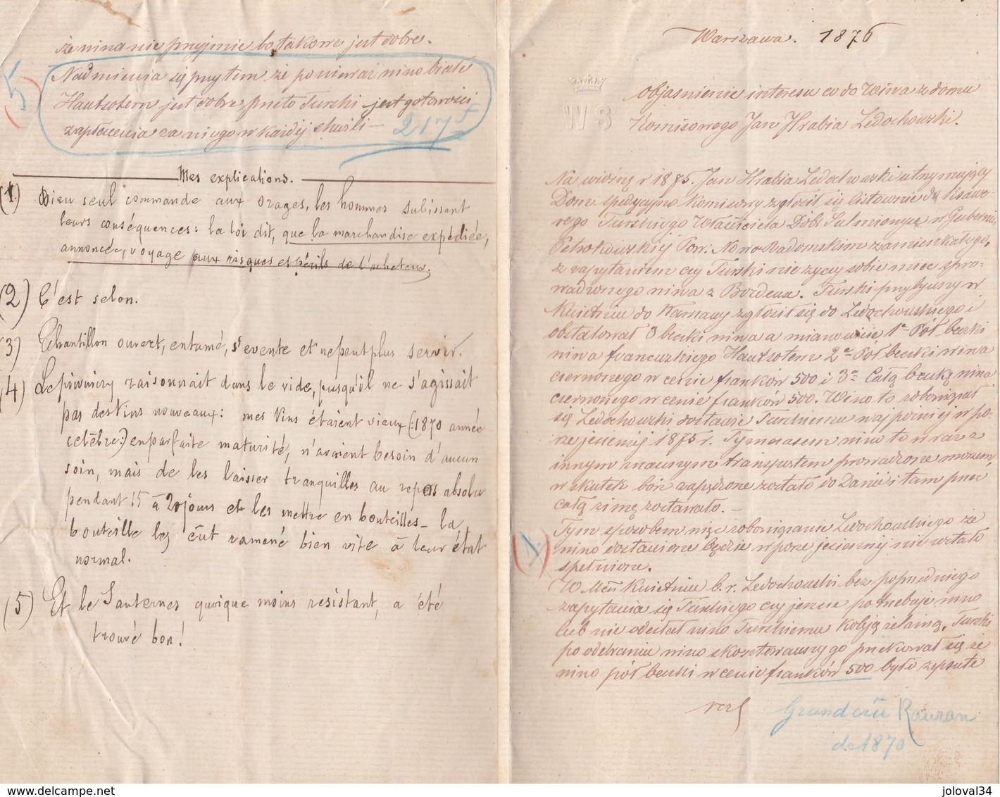 Lettre Cachet à Sec Warzawa Varsovie 1876 Concernent Vin Bordeaux Sauternes, Rauzan, Pauillac Explications En Français - Historische Dokumente