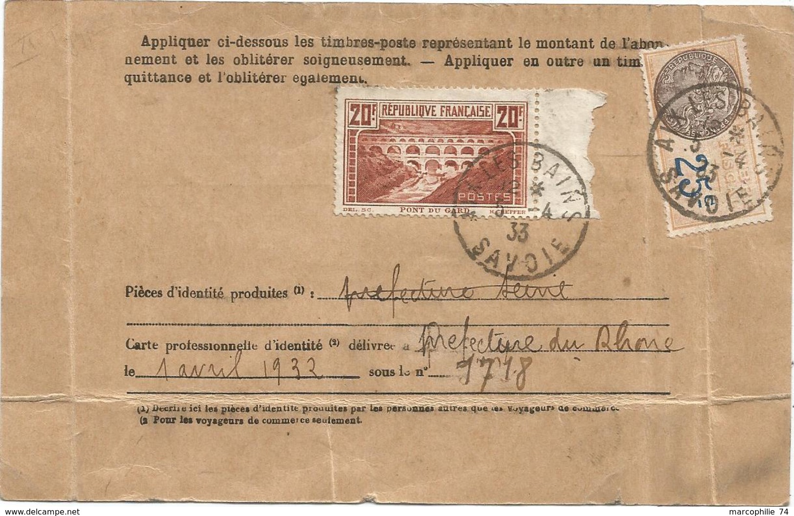 N° 262 PONT DU GARD 20FR SEUL CARTE (legers Plis)ABONNEMENT POSTE RESTANTE AIX LES BAINS 5.4.1933 AU TARIF =RRR - 1921-1960: Période Moderne