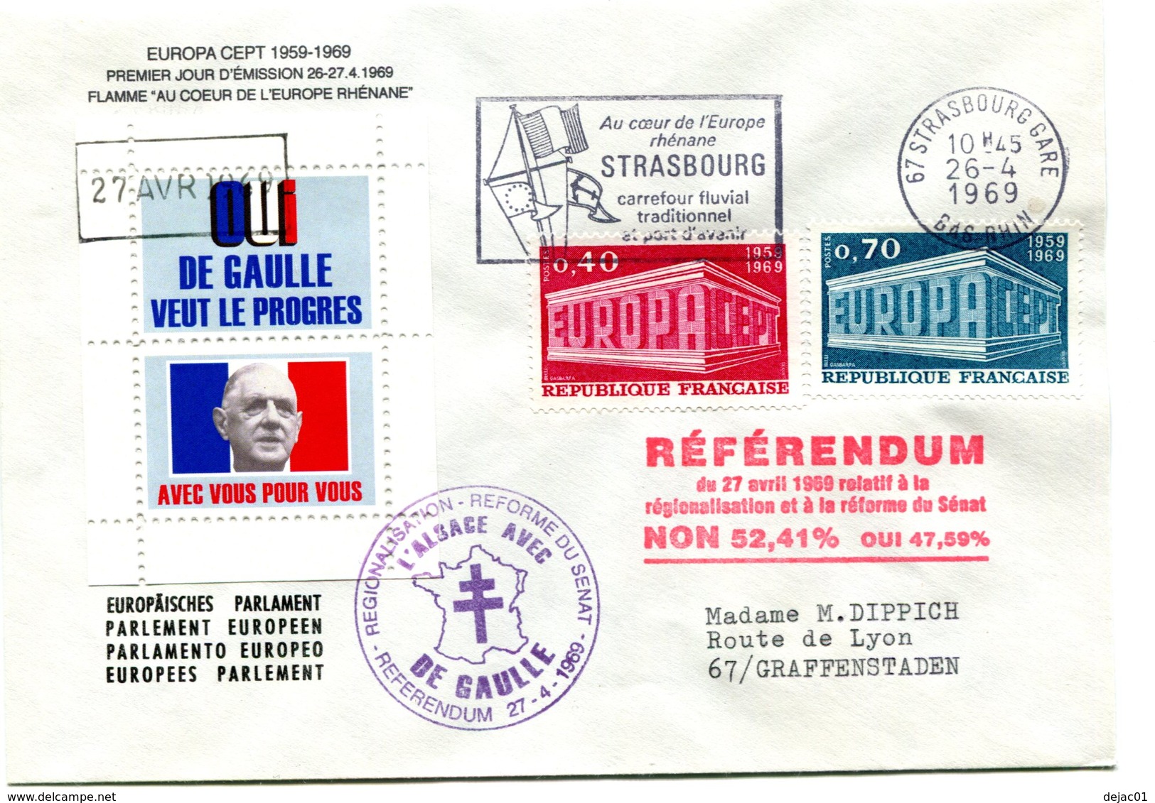 Thème Général De Gaulle - Griffe Référendum Du 27 Avril 1969 + Vignette  - R 5770 - De Gaulle (Generaal)