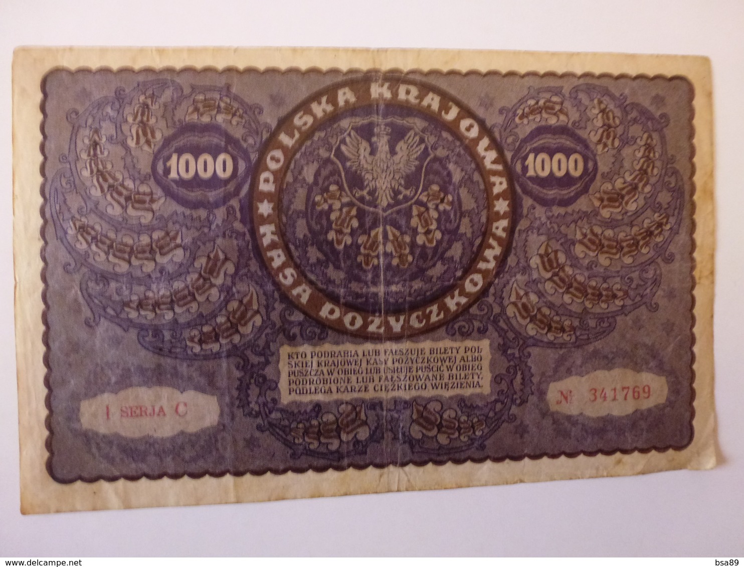1 BILLET POLONAIS DE 1000 MAREK, N° 341769, I SERJA C, VOIR SCAN RECTO-VERSO DE 1919 - Polonia