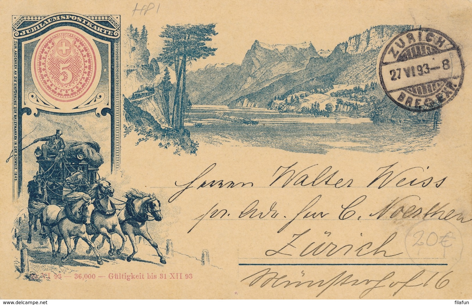 Schweiz - 1893 - 5c Postkarte - Local Use Zürich - Interi Postali