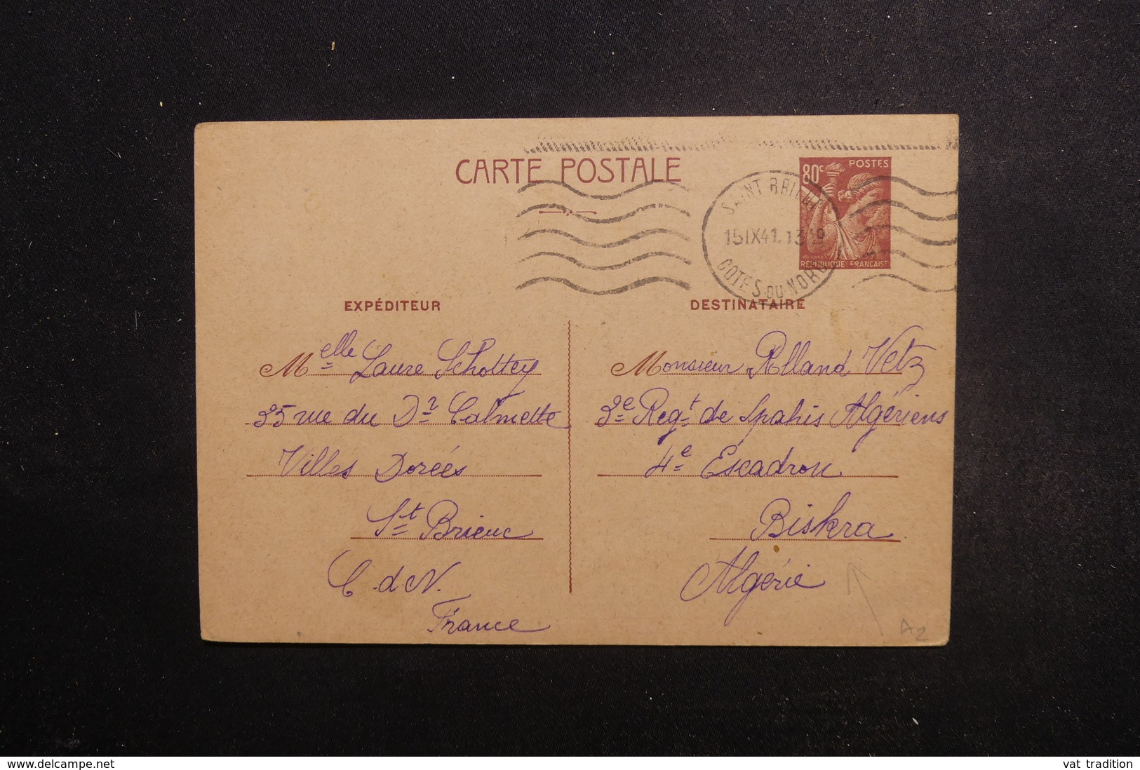 FRANCE - Entier Postal Type Iris De St Brieuc Pour L 'Algérie En 1941 - L 49109 - Cartes Postales Types Et TSC (avant 1995)
