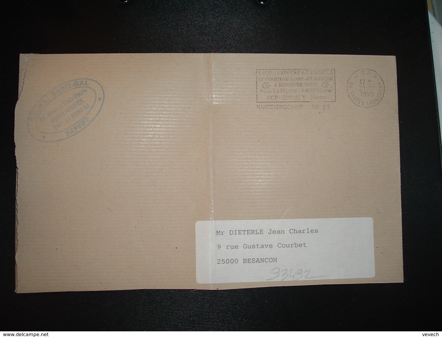 LETTRE PORT PAYE OBL.MEC. VARIETE 23-10 1995 PP 44 NANTES LONGCHAMP + LIGUE CONTRE LE CANCER + SARL SAINT-GAL - Oblitérations Mécaniques (Autres)