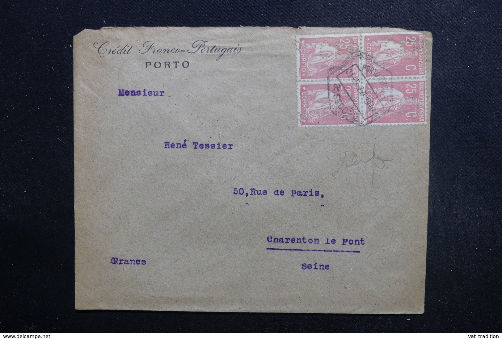 PORTUGAL  - Enveloppe Commerciale De Porto Pour La France En 1923, Affranchissement Plaisant Perforés Bloc 4  - L 49118 - Storia Postale