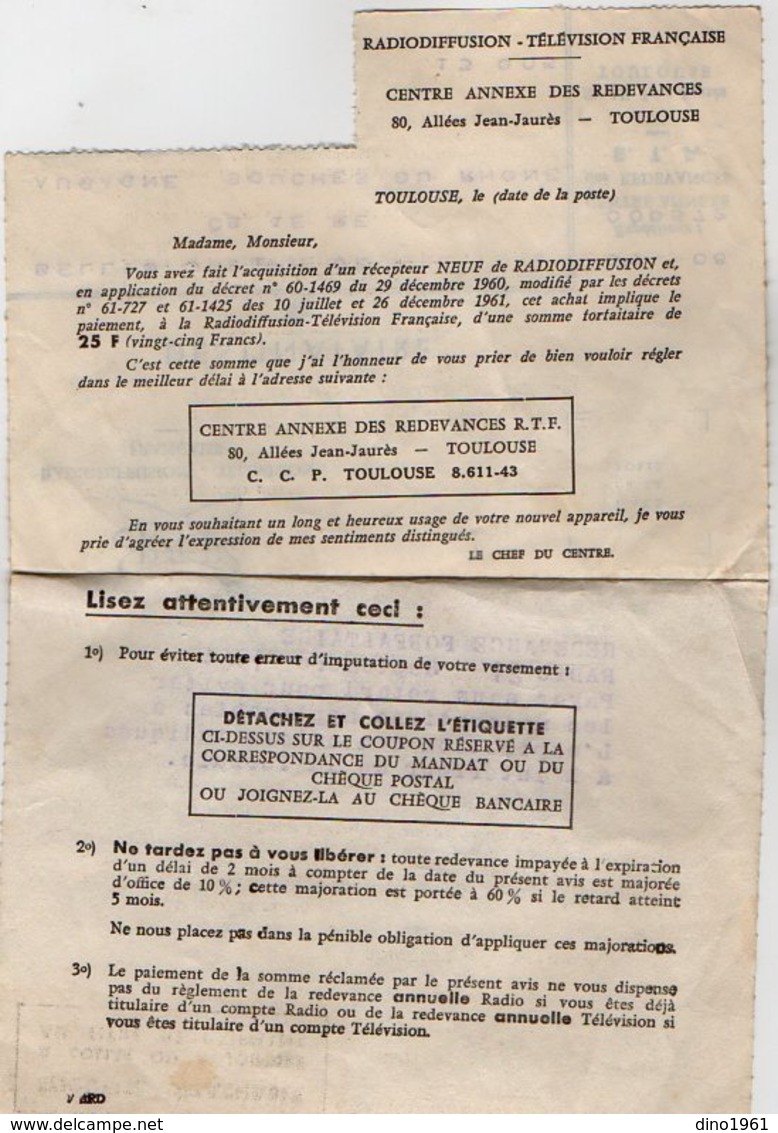 VP16.269 - TOULOUSE 1963 / 64 -Radiodiffusion - Télévision Française - Lette Du Centre Annexe Des Redevances R.T.F. - Television