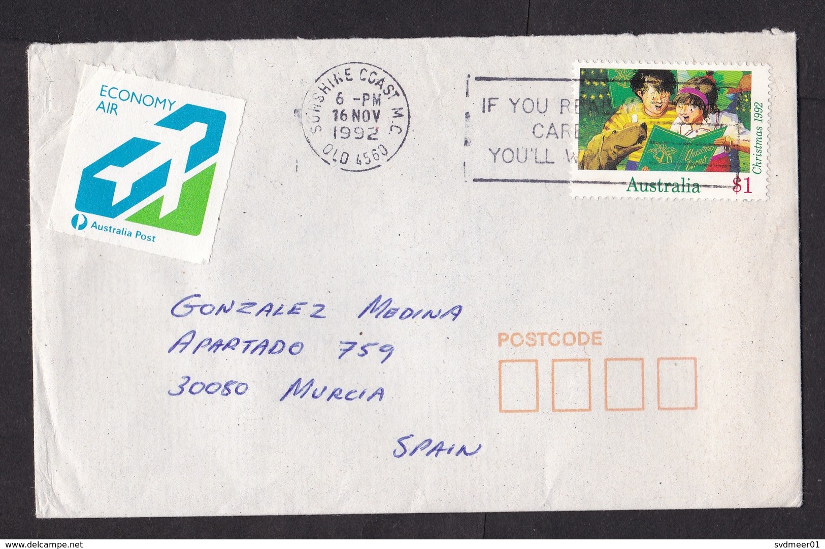 Australia: Airmail Cover To Spain, 1992, 1 Stamp, Rare Label Economy Air, Cancel Sunshine Coast (damaged At Back) - Covers & Documents