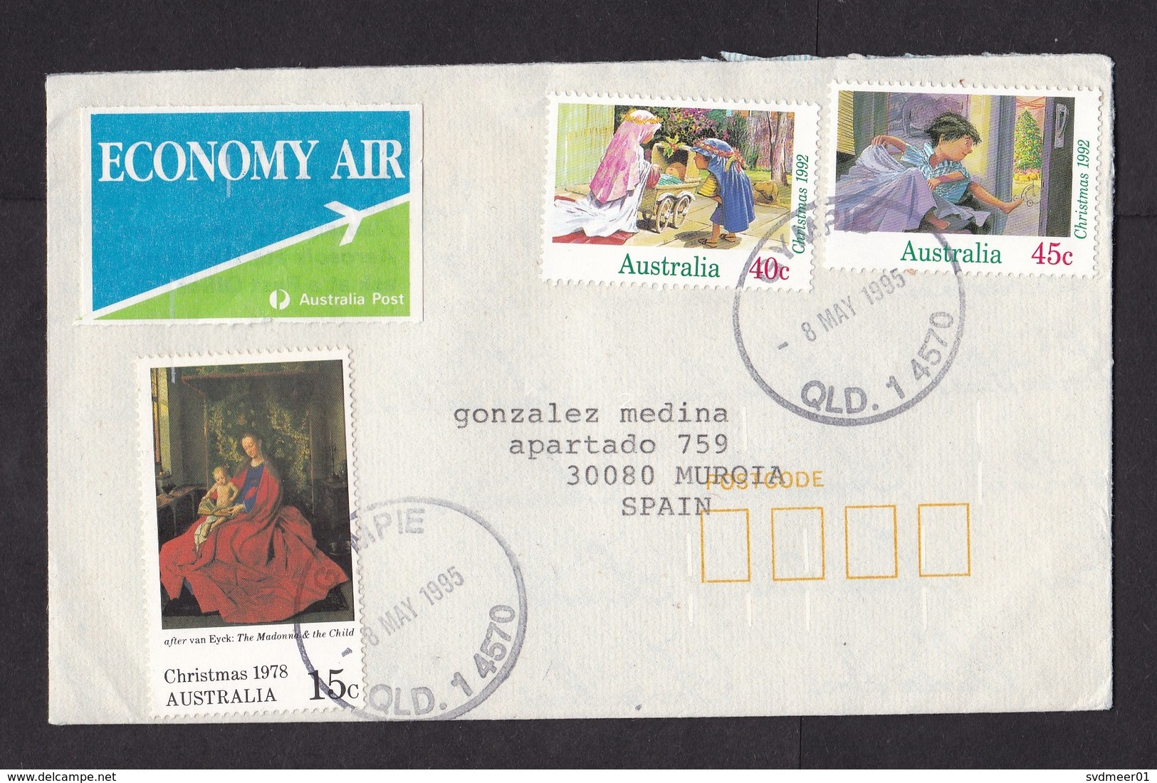 Australia: Airmail Cover To Spain, 1995, 3 Stamps, Rare Label Economy Air, Cancel Gympie (discolouring At Back) - Briefe U. Dokumente