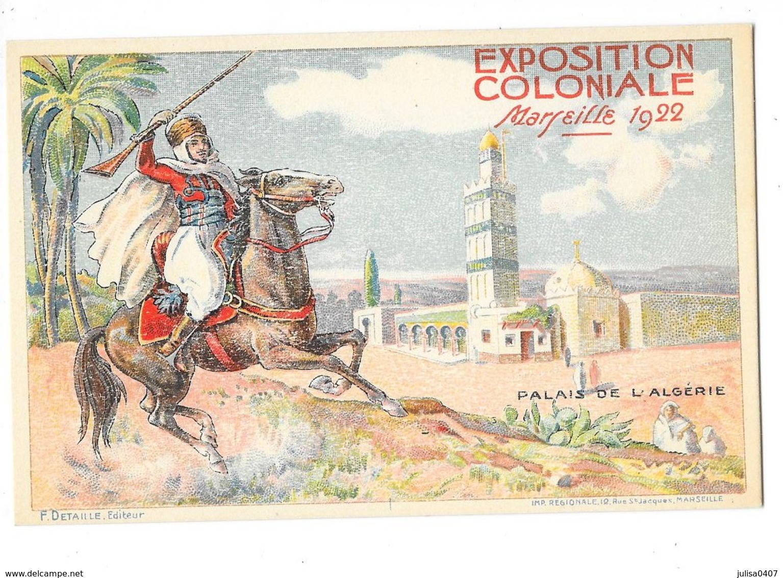 MARSEILLE (13) Carte Illustrée Exposition Coloniale 1922 Palais De L'Algérie - Expositions Coloniales 1906 - 1922