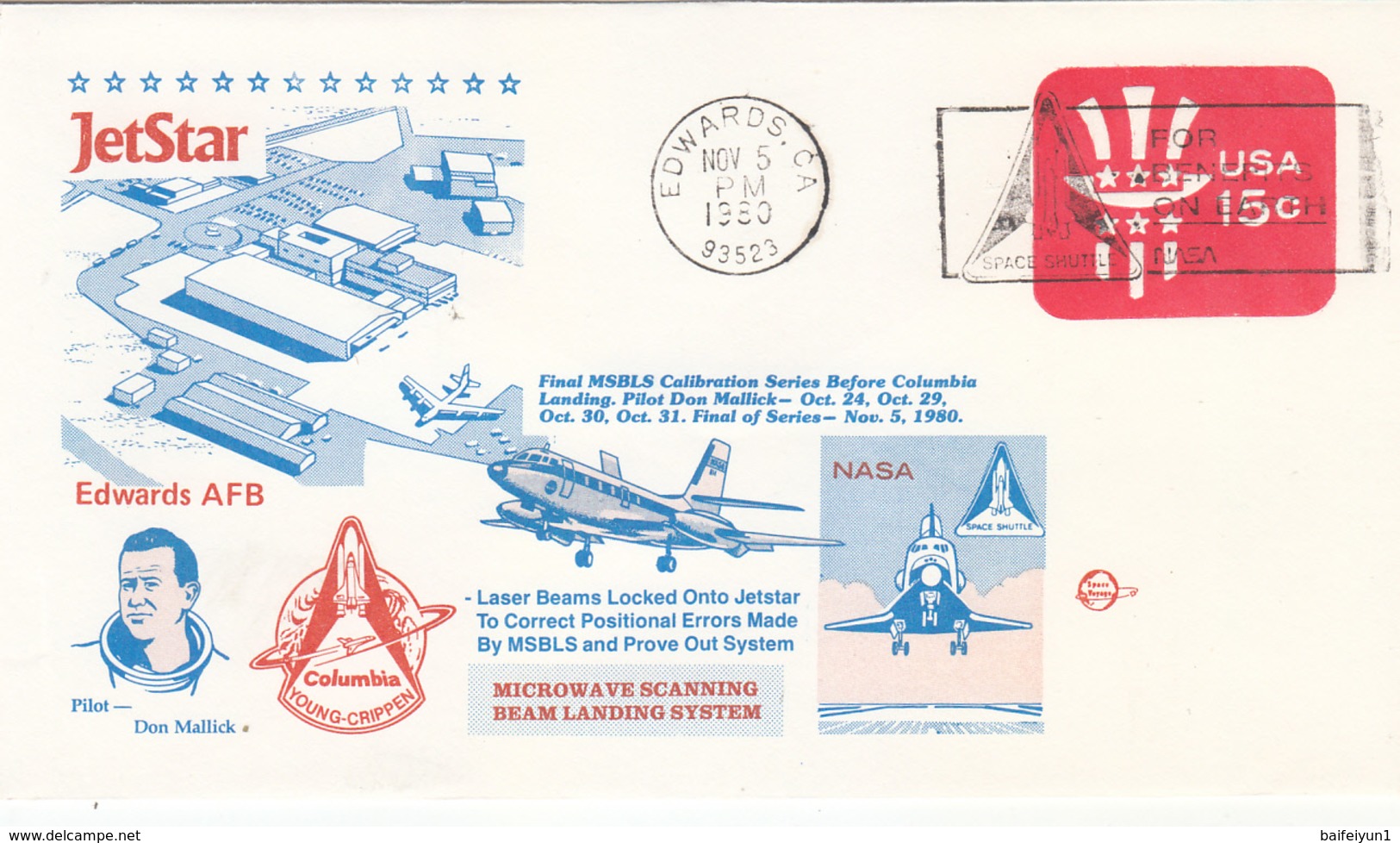 USA 1980 Final MSBLS Calibration Series Before Columbia Landing Commemorative Cover - América Del Norte