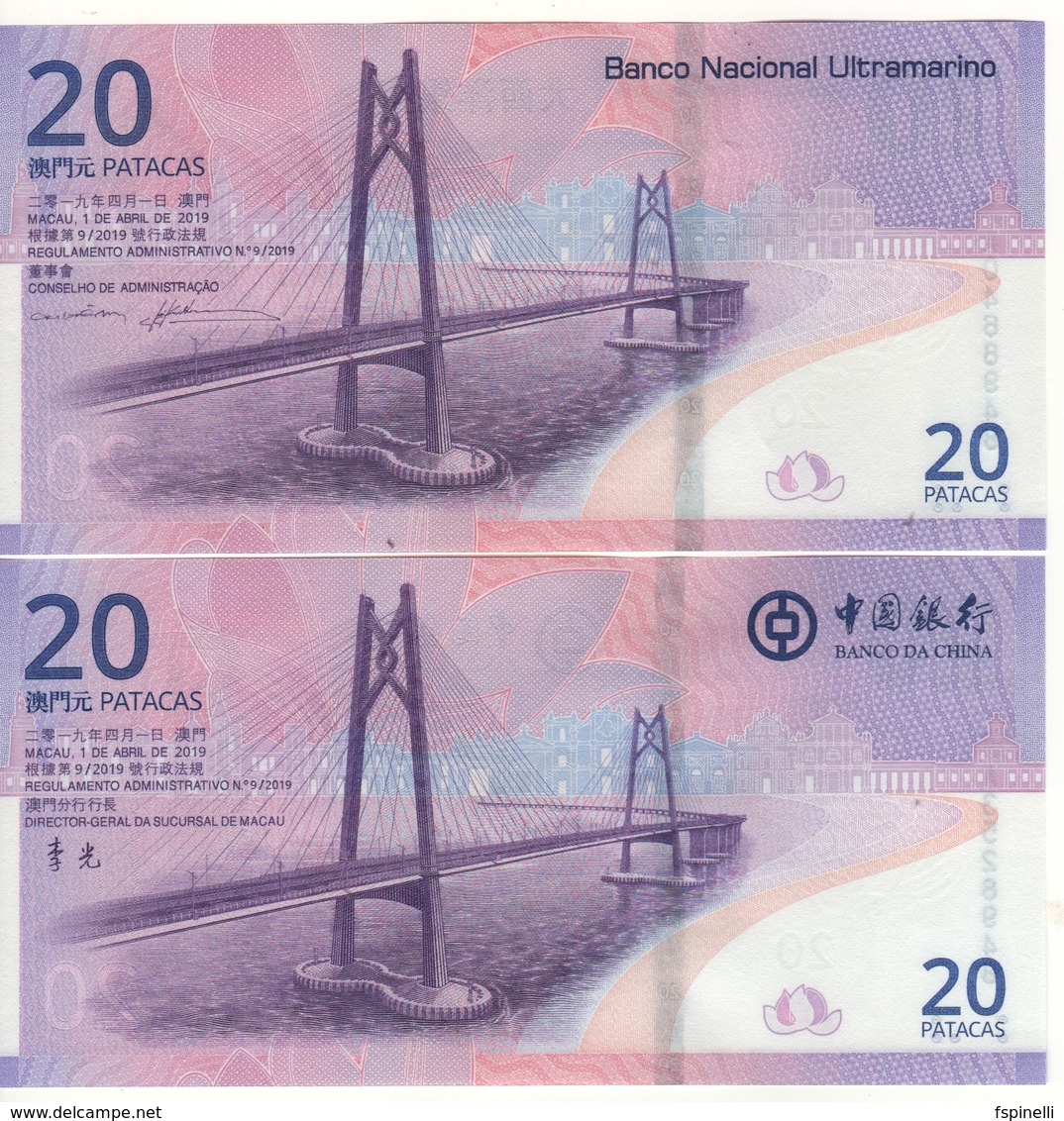 MACAO   Set 2 X 20 Patacas Commemorative 20th Anniversary Returning To China Dated   1.4.2019 - Macao