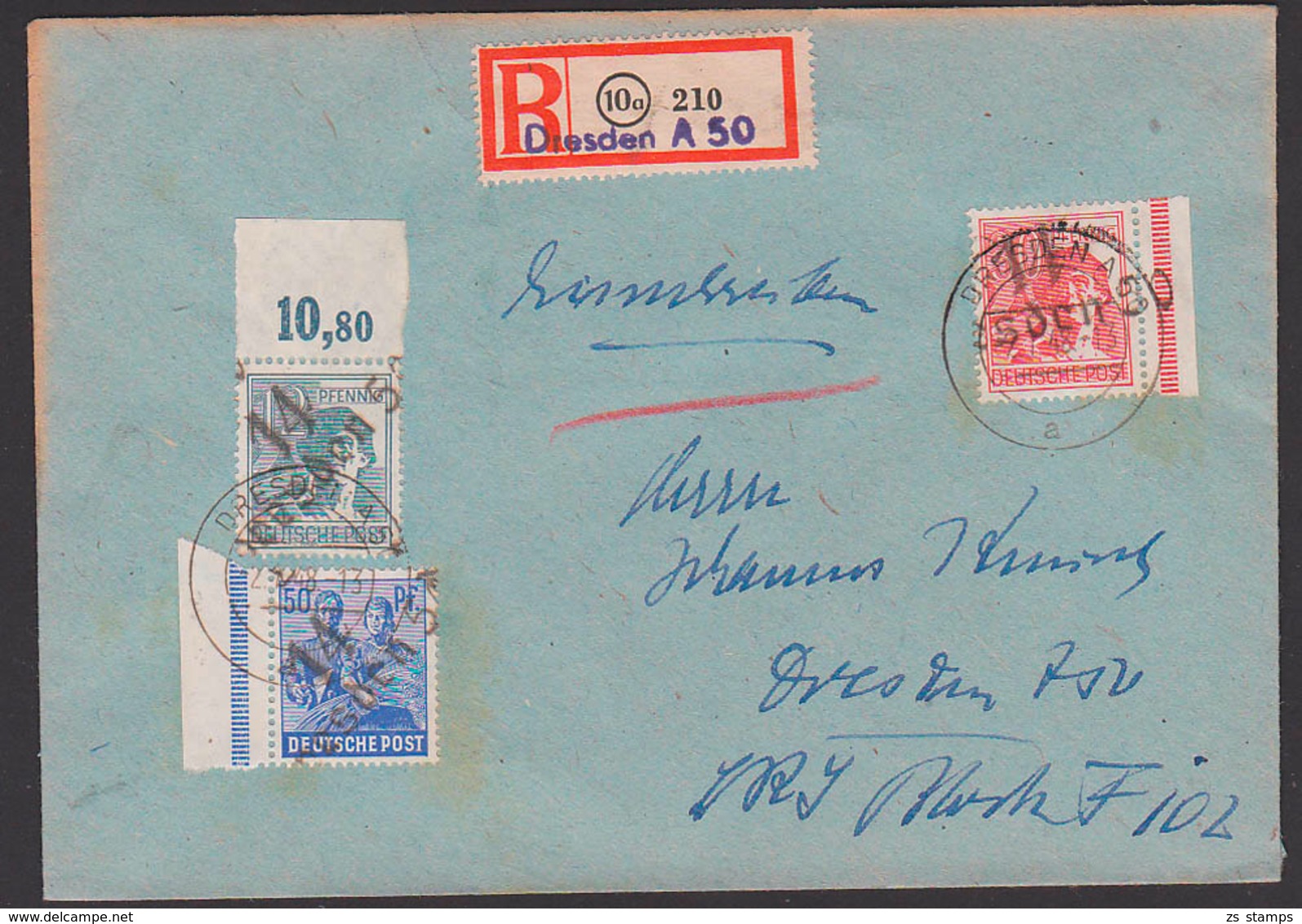 SBZ Handstempel R-Brief DRESDEN A50, 2.7.48, Je Randstück, Ungeprüft Auf Umschlag Von Landesregierung Sachsen - Otros & Sin Clasificación