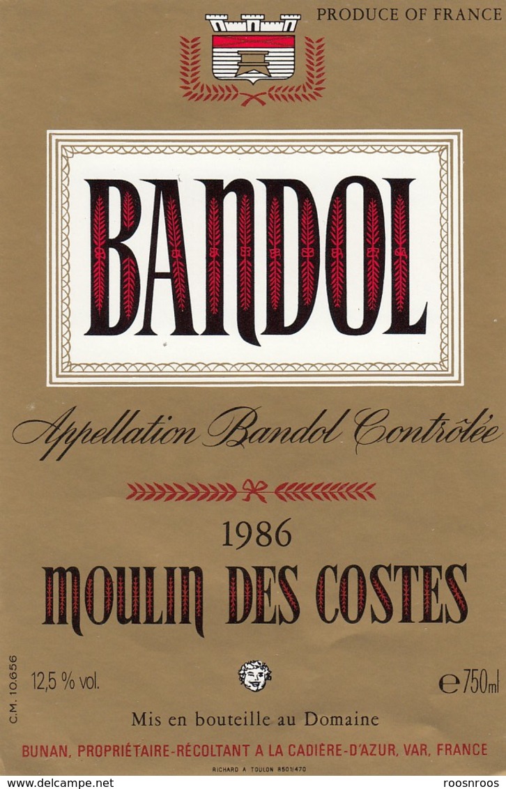 ETIQUETTE VIN BANDOL 1986 - PROPRIETAIRE BUNAN  - MOULIN DES COSTES  - CADIERE D' AZUR 83 VAR - FRENCH WINE LABEL - Rouges