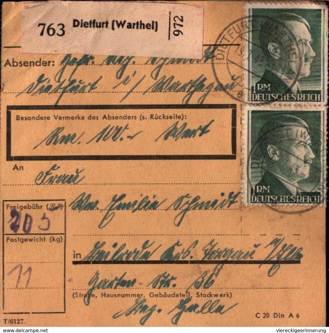 ! 1943 Paketkarte Deutsches Reich, Dietfurt Im Wartheland, Znin - Briefe U. Dokumente