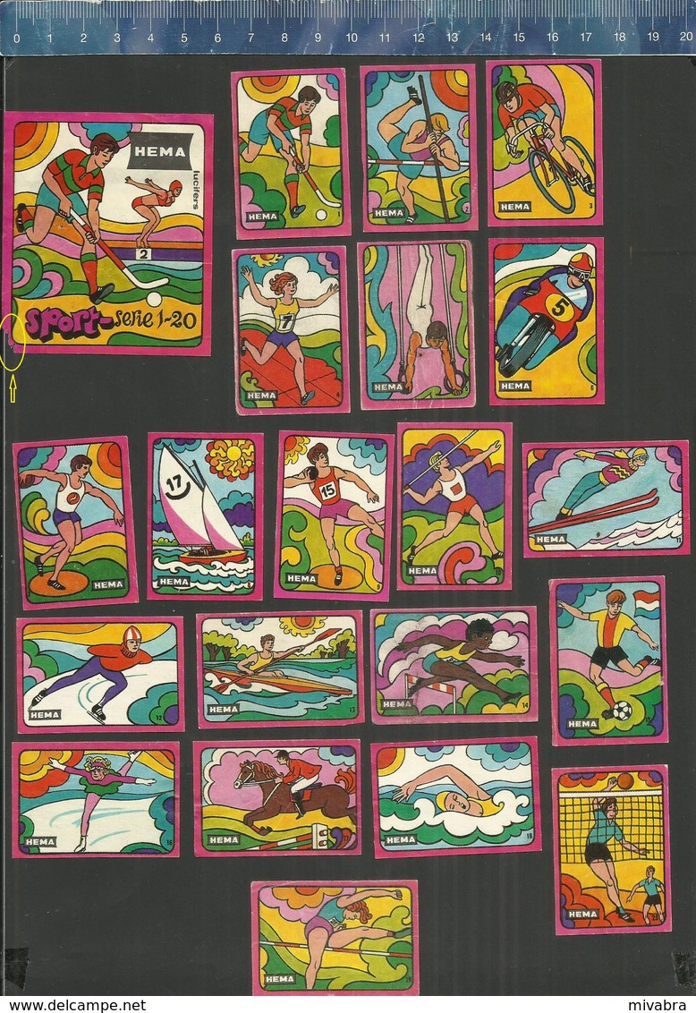 SPORT ATHLETICS SKI JUMPING HOCKEY HIPPIQUE ESCRIME CYCLISME SKATING SHOT PUT JAVELIN Matchbox Labels HEMA Belgium 1971 - Luciferdozen - Etiketten