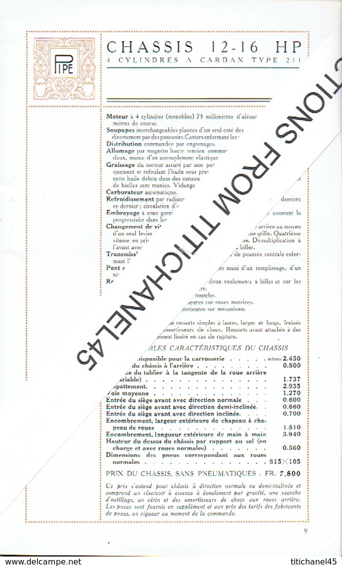 Luxueux catalogue 1913 AUTOMOBILES PIPE BRUXELLES -30 pages illustrées de 26 modèles de tourisme & véhicules industriels