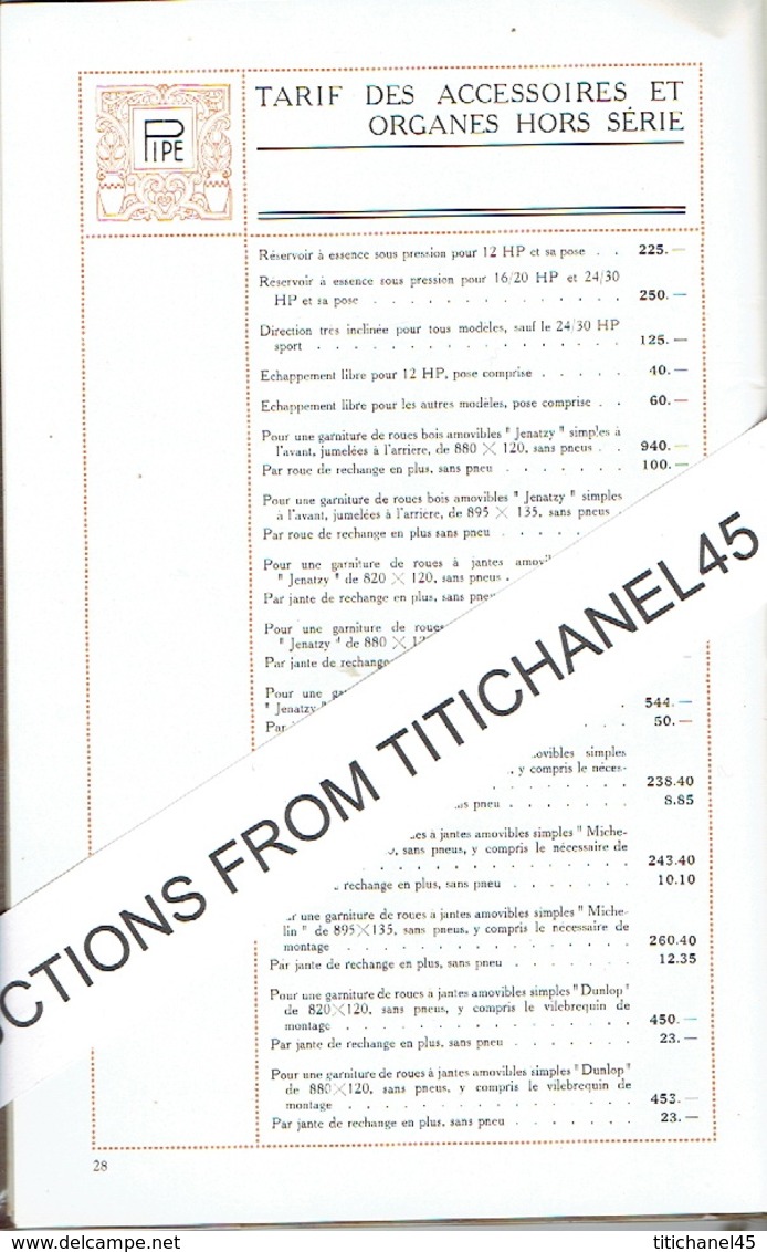 Luxueux catalogue 1913 AUTOMOBILES PIPE BRUXELLES -30 pages illustrées de 26 modèles de tourisme & véhicules industriels