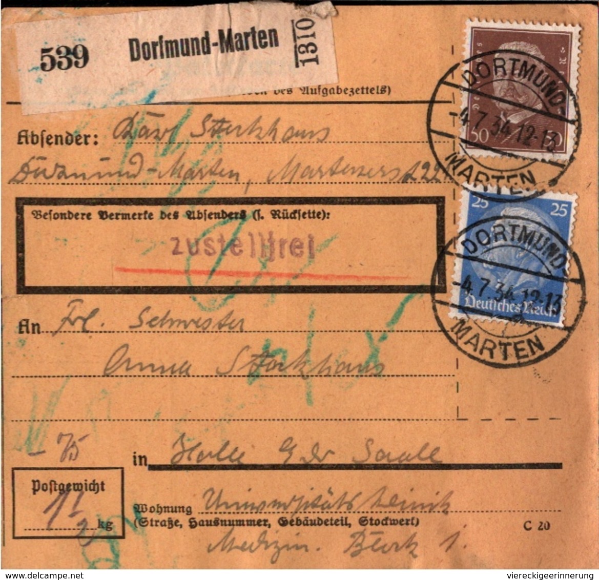 ! 1934 Paketkarte Deutsches Reich, Dortmund Marten - Briefe U. Dokumente