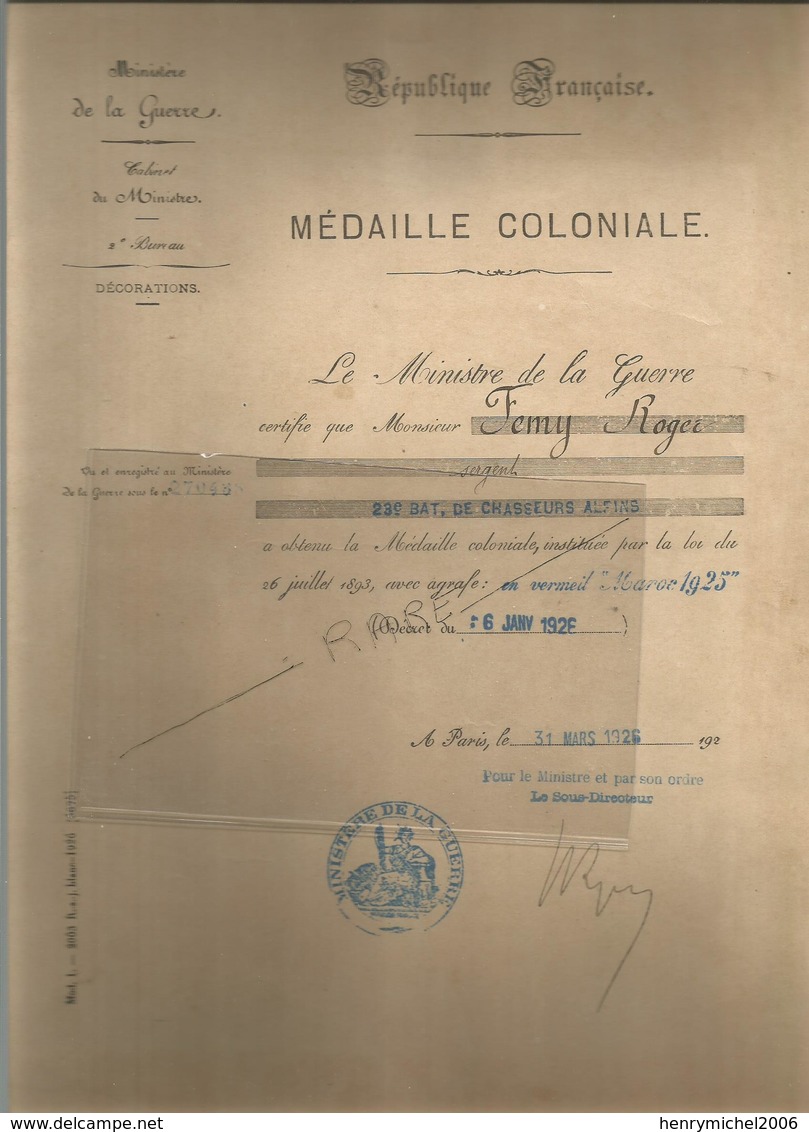 Militaria Médaille Coloniale Pour  Sergent Du 23 Bca Chasseur Alpin Avec Afgrafe En Vermeil Maroc 1925 Ministère Guerre - Documents