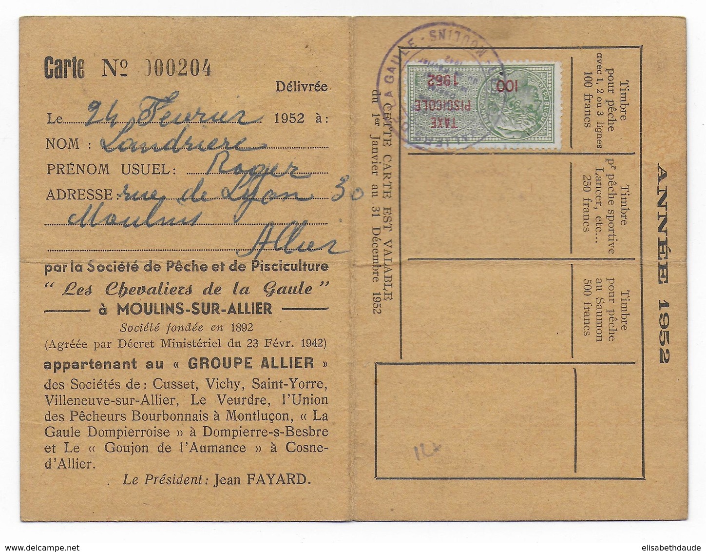 1952 - FISCAL TAXE PISCICOLE Sur CARTE De La SOCIETE De PECHE De L'ALLIER - Storia Postale