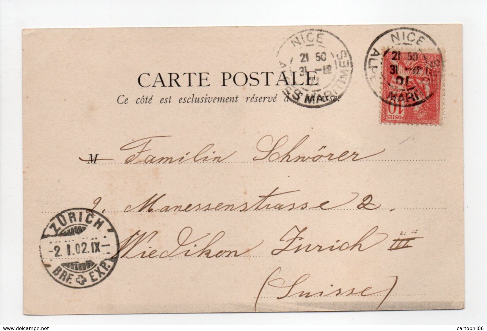 - Carte Postale NICE Pour ZURICH (Suisse) 31.12.1901 - 10 C. Rouge Type Mouchon - - 1877-1920: Semi Modern Period