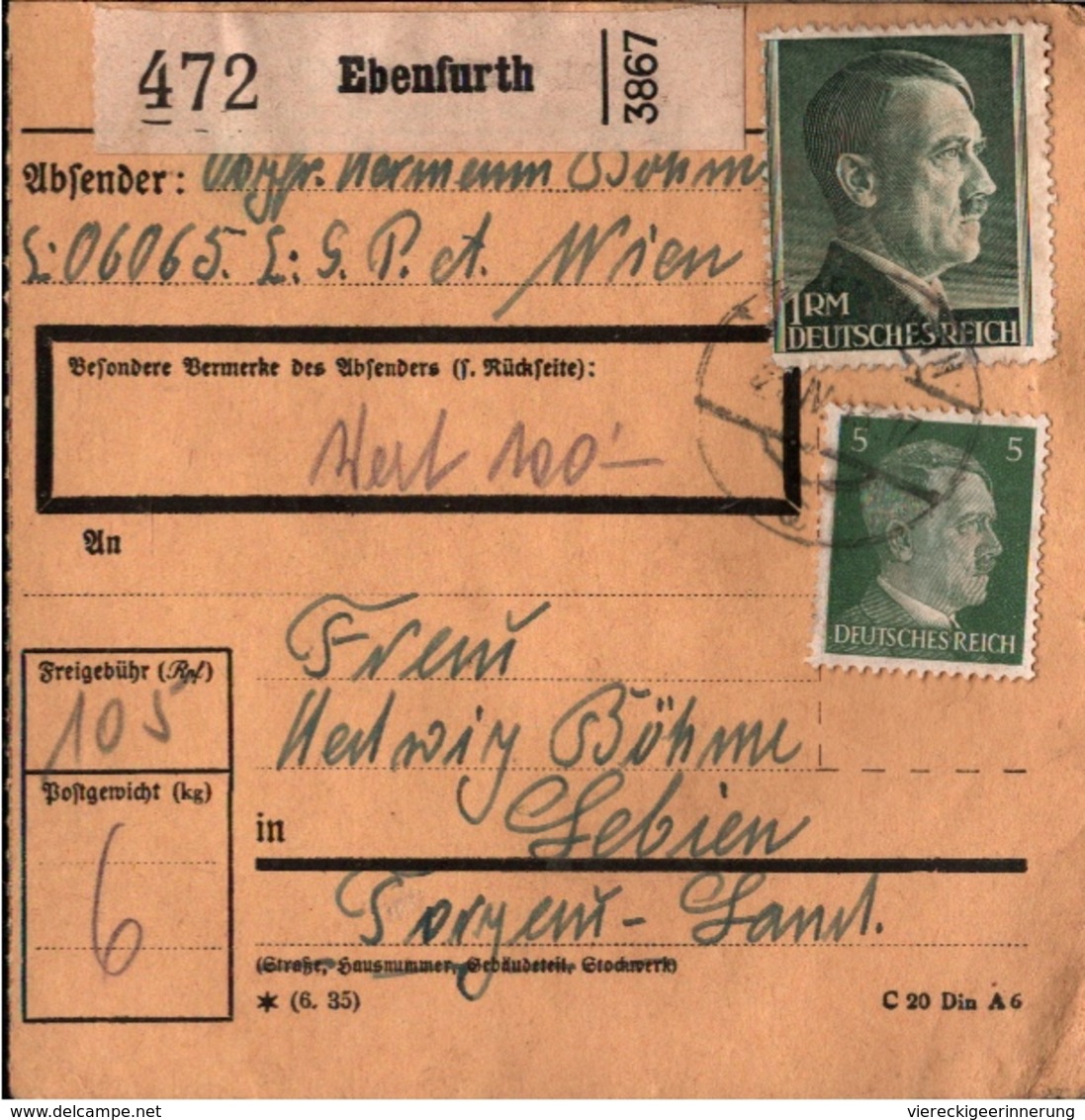 ! 1943 Paketkarte Deutsches Reich, Ebenfurth, Österreich, Luftgaupostamt Wien - Briefe U. Dokumente