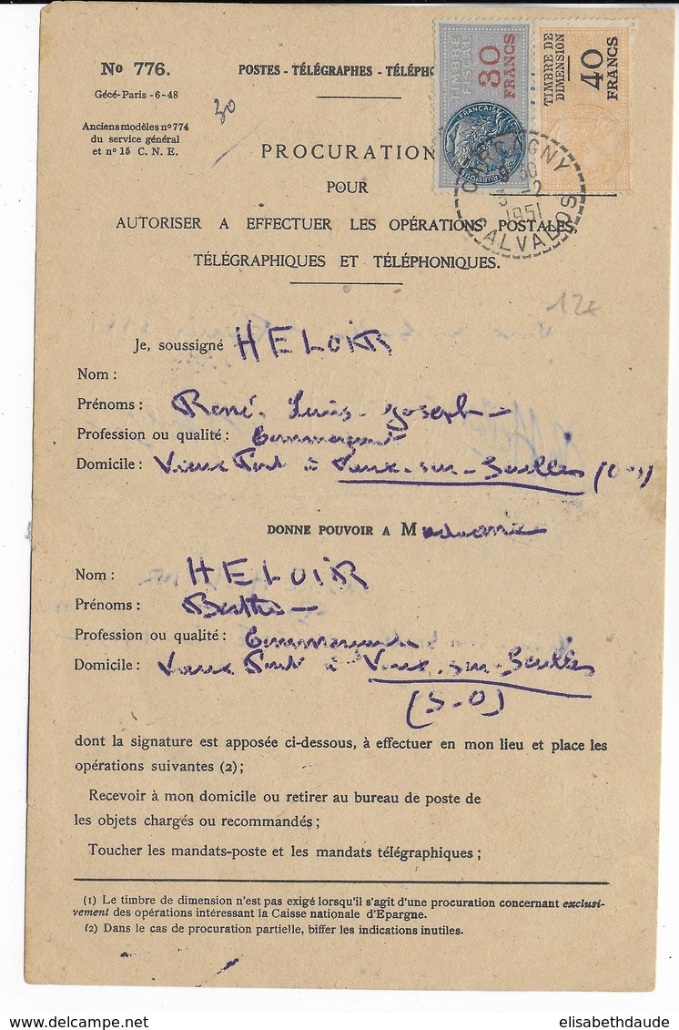 1951 - CARCAGNY (CALVADOS) - FISCAL Sur PROCURATION à EFFECTUER LES OPERATIONS POSTALES TELEGRAPHIQUES ET TELEPHONIQUES - Autres & Non Classés