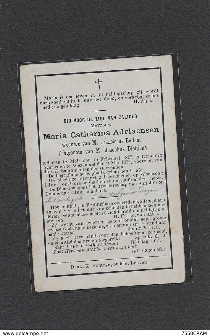 MARIA CATHARINA ADRIAENSEN-BELLENS-DIELTJENS-: MEIR-MEER-HOOGSTRATEN-WEZENMAAL-WEZENMAEL - Obituary Notices