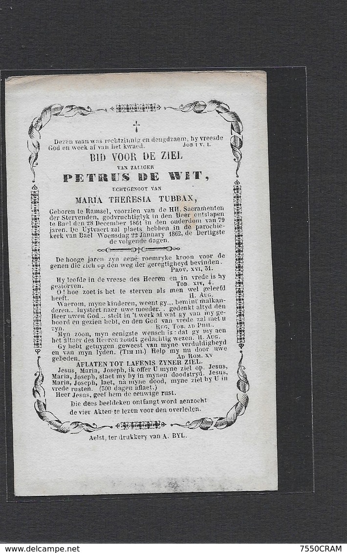 PETRUS DE WIT-TUBBAX-: RAMSEL-BAEL-BAAL - Décès