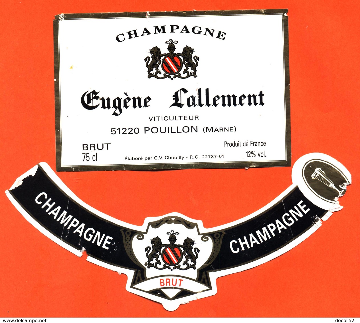 étiquette + Collerette Anciennes De Champagne Brut Eugène Lallement à Pouillon - 75 Cl - Champan