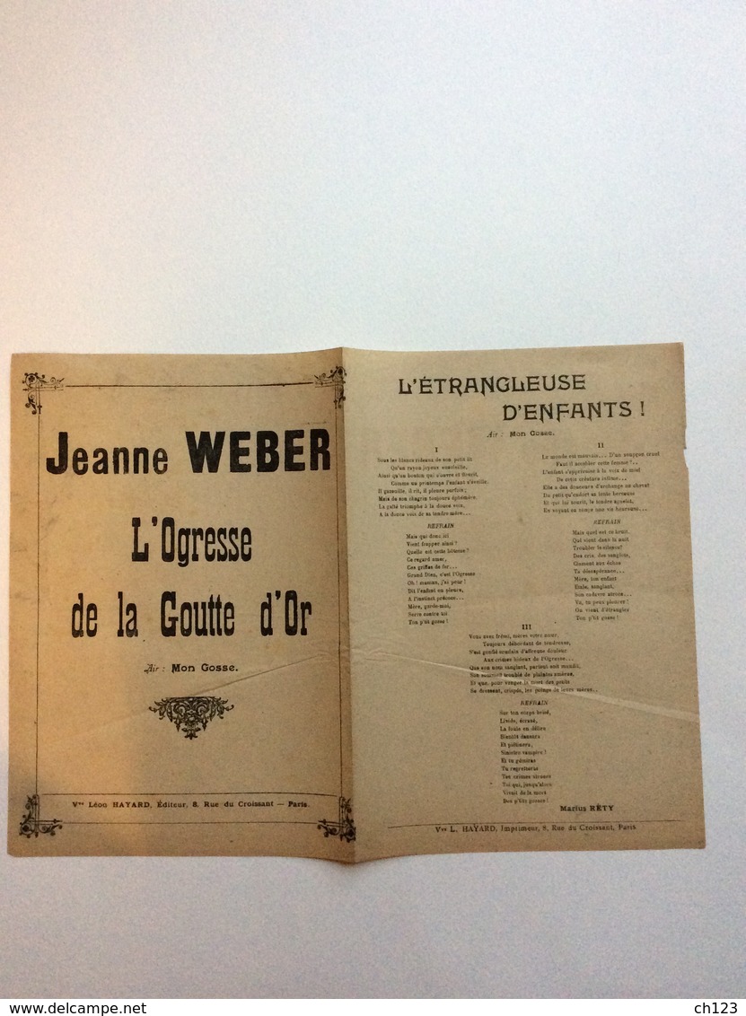 Partition Musicale : Jeanne Weber L'Ogresse De La Goutte D'Or  Air : Mon Gosse  Marius Réty - Partituren