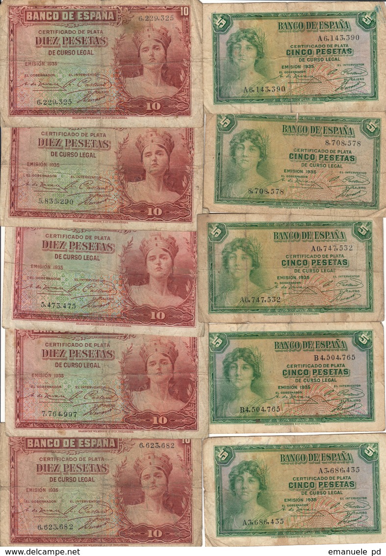 Spain Lot 5 X 5 Pesetas & 5 X 10 Pesetas 1935 - Collezioni