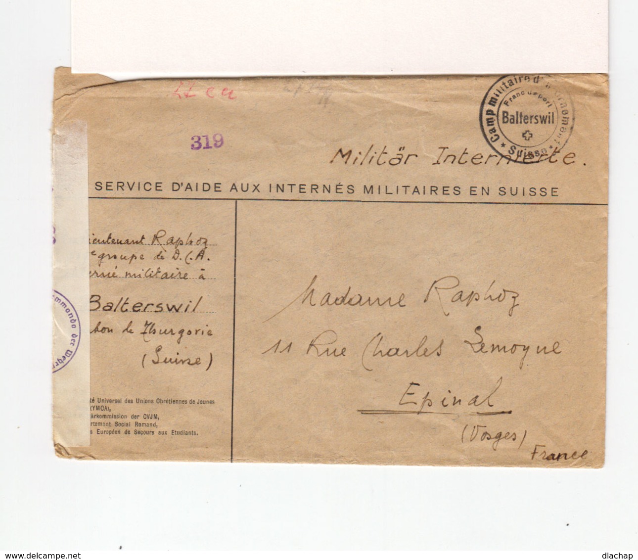 Env. En FM Pour Epinal Interné Militaire En Suisse C. Camp Militaire De Balterswill. Gröffnet Ouverte Par Censure. (2635 - Guerre De 1939-45