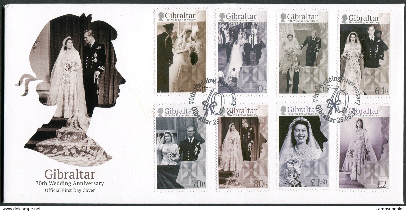 2017 Gibraltar Queen Elizabeth 70th Wedding Anniversary First Day Covers. Set + Miniature Sheet On 2 FDCs - Gibraltar